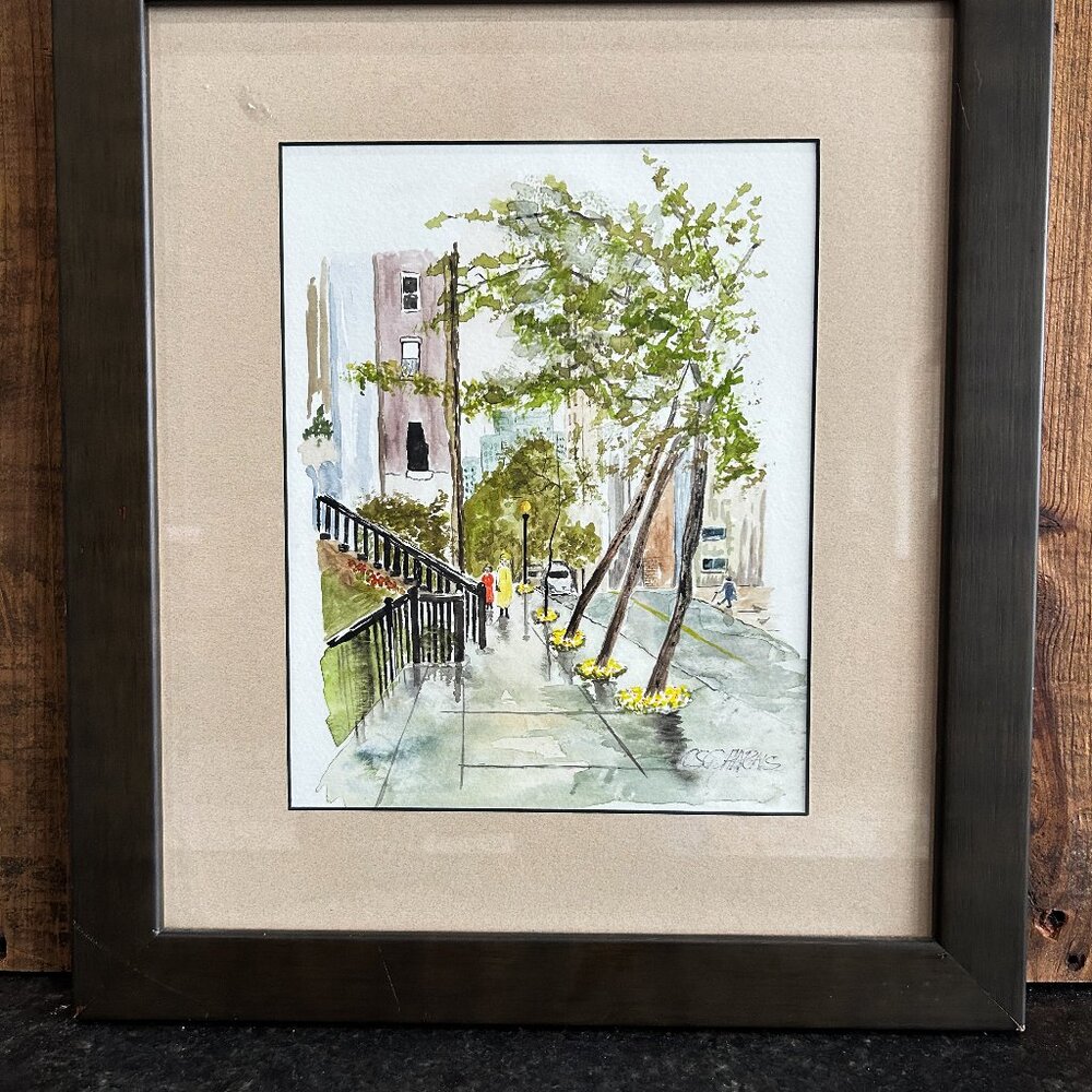 Citiscape Water Color Signed by Artist, Framed, Watercolor Art, Framed Art